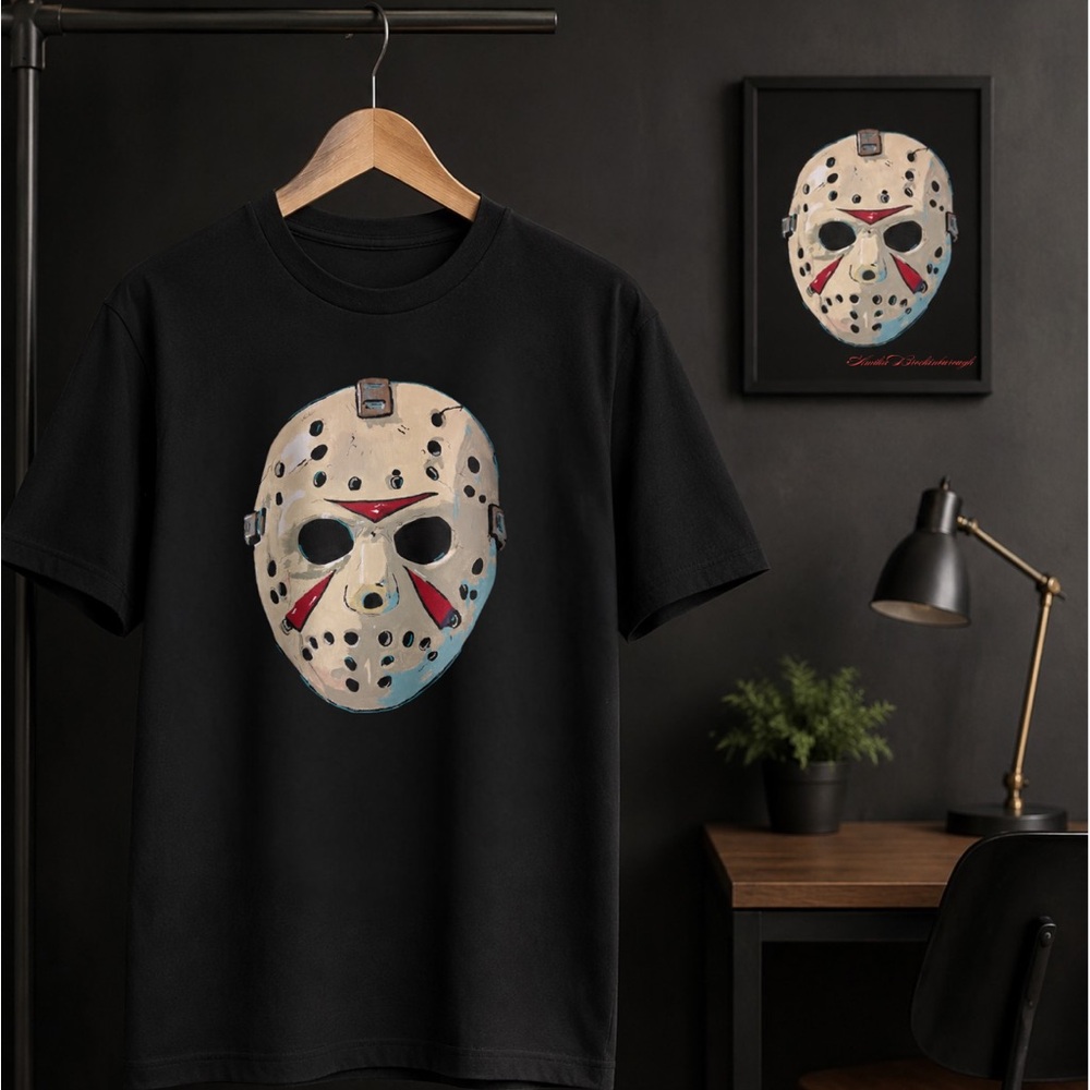 Black Short Sleeve Tee with Hockey Mask painting with matching tee 1/1 bundle